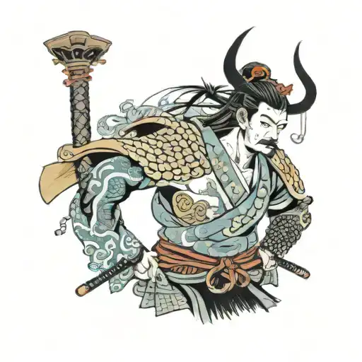 Samurai And Many Small Details Around Him In Color