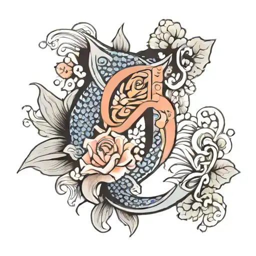 Letter G Lettering With Koi Fish And Roses