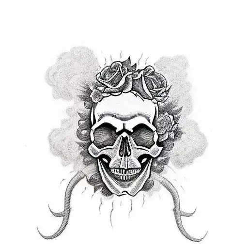 Skull With Roses And Guns And Smoke And Feathers