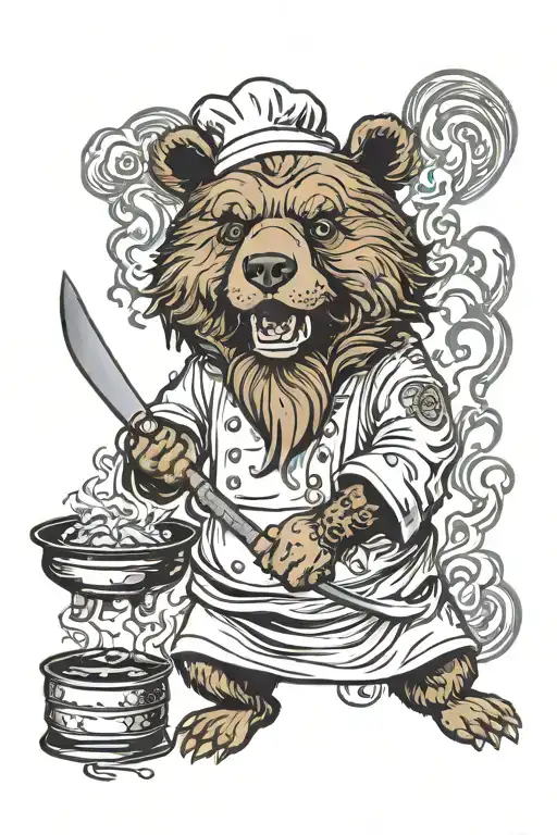 Chef Bear Holding Flaming Pan And Knife With Cigaratte In His Mouth