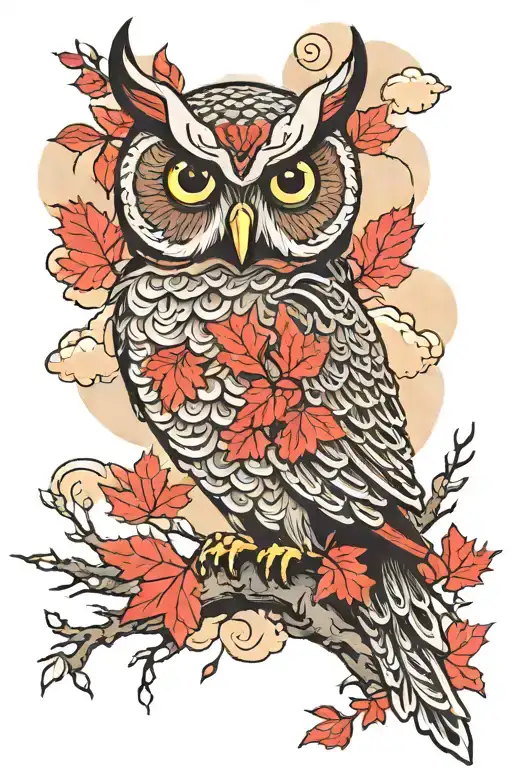 Owl With Red Leaves And Clouds