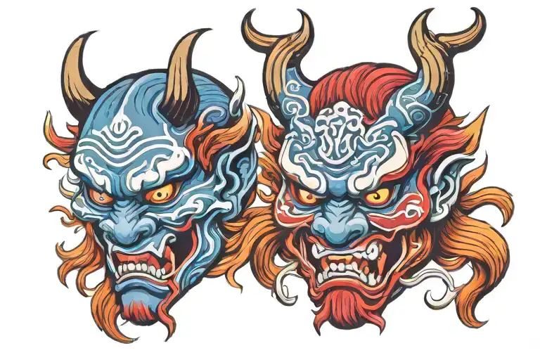 Japanese Oni Mask With Color Blue And Red