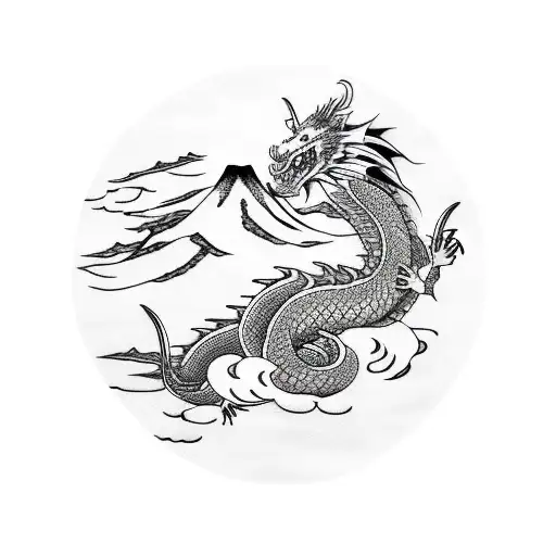 Dragon With Clouds And Waves In Japan Style Black And White Outline