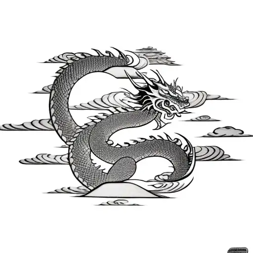 Dragon With Clouds And Waves In Japan Style Black And White Outline