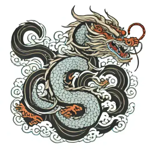 Neo Traditional Japanese Dragon And Waves And Red Sun