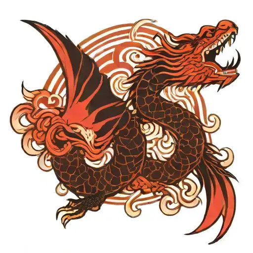 Neo Traditional Japanese Dragon And Waves And Red Sun And Face Of A Black Swan