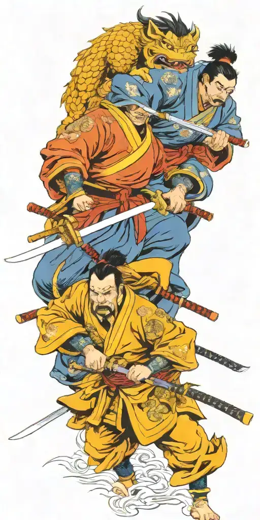 Japanese Samurai Warriors Battling With Foo Dogs