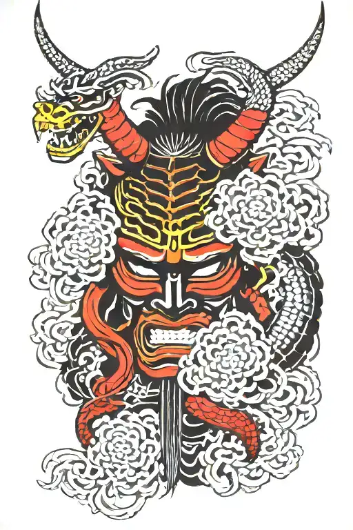 Samurai Mask With Dragon Around It Yakuza Simple