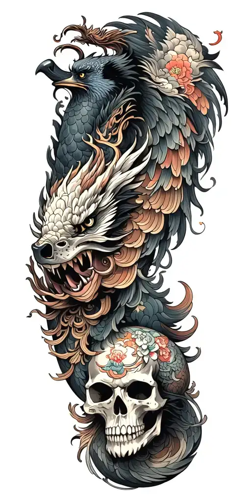 Chinese Dragon And Phoenix And Skull And Moon And Raven