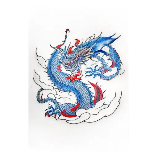 Dragon Avec Plume Rouge Et Eclaire Bleue