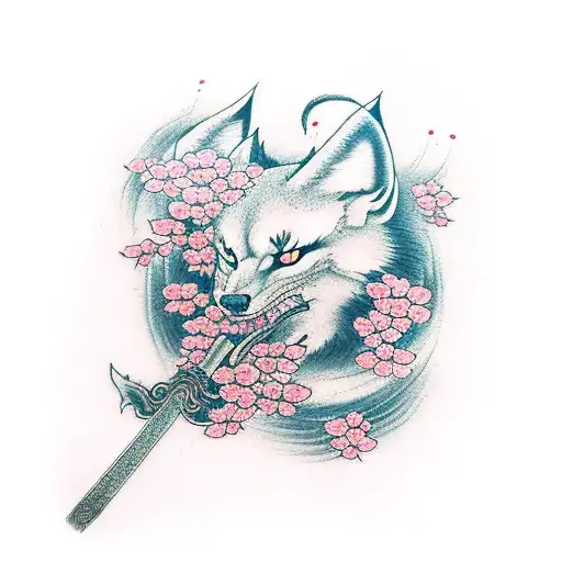 Kitsune Mask With Cherry Blossoms And Sword