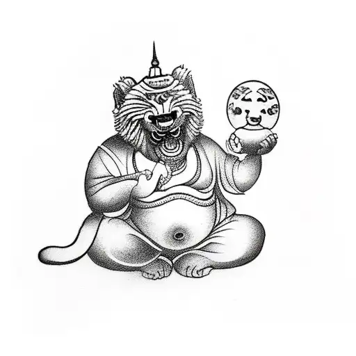 A Cute Cub Playing With A Laughing Buddha Figurine