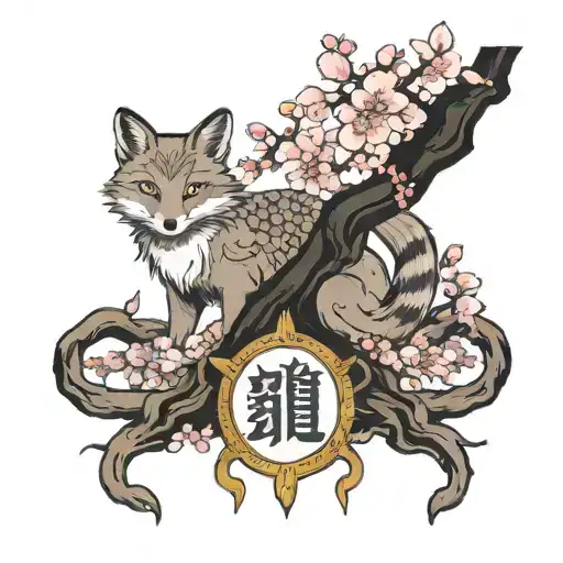Sakura Tree Growing Together With Tarot Card And A Yokai Fox