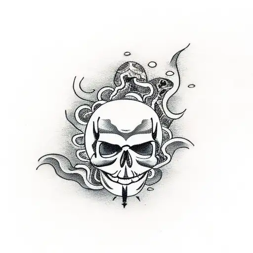 Half Moon With A Skull And Three Upsite Down Teardrops On The Right