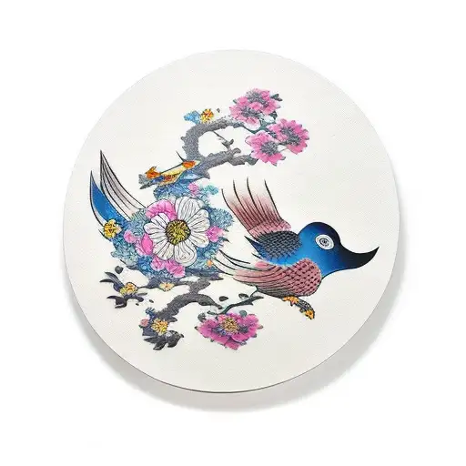 Hand Fan With A Flowers And Flying Bird