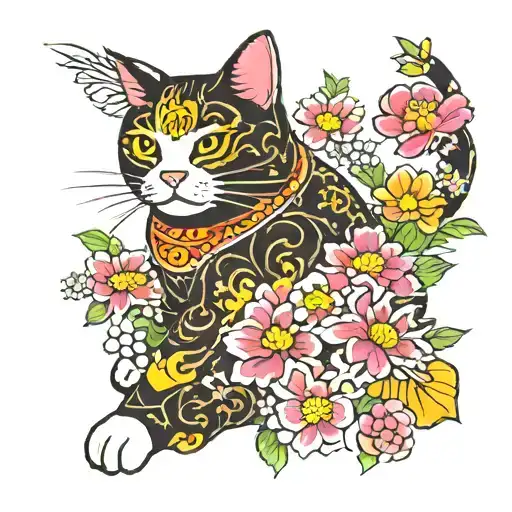 Japanese Lucky Cat Surrounded By Flowers