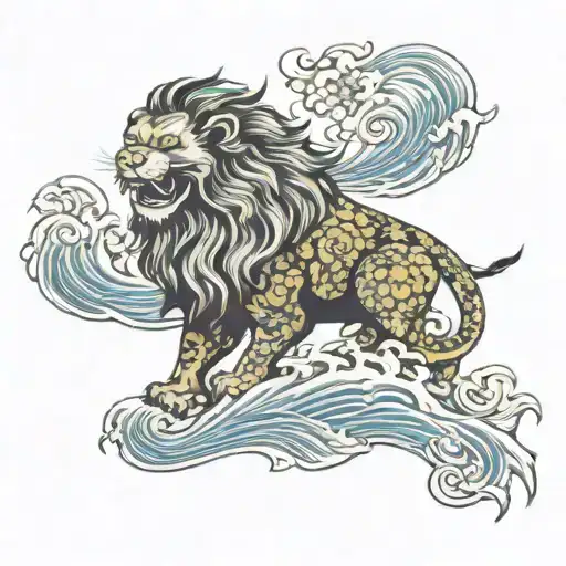 Chinese Lion In Japanis Waves