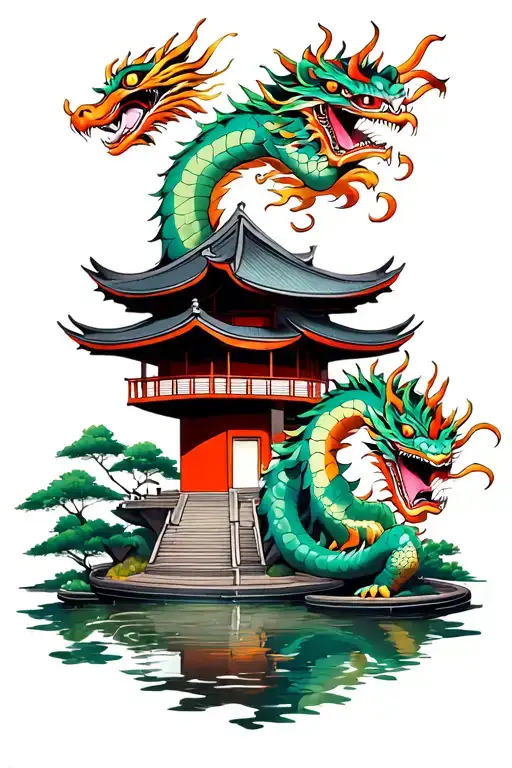 A Pond Next To The Pond Of A Care Tower And A Large Dragon And A Mask Of Daman