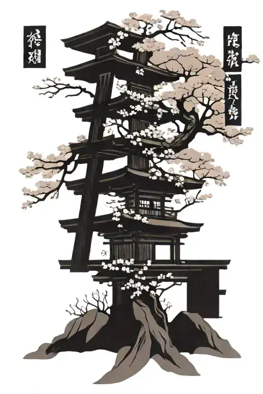 Torii Gate And Sakura Tree