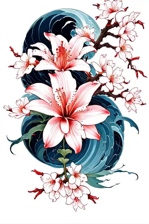 Spider Lily And Cherry Blossoms Waves Red Thread