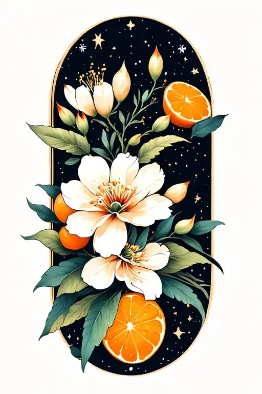 Orange Blossom Flowers And Oranges With A Nordic Theme And Stars And Space