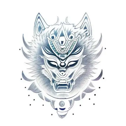 Oni Wolf Mask With Sun-star And Crescent Moon On Forehead