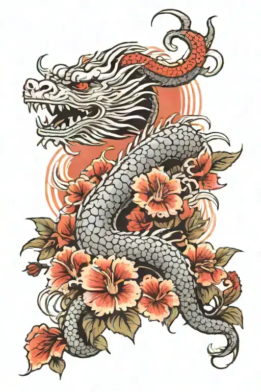 Japanese Rising Sun With Hibiscus Flower And Traditional Japanese Dragon