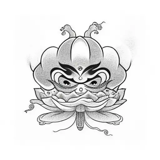 A Lotus Flower In Front Of Daruma Doll Riding On The Head Of A Jellyfish
