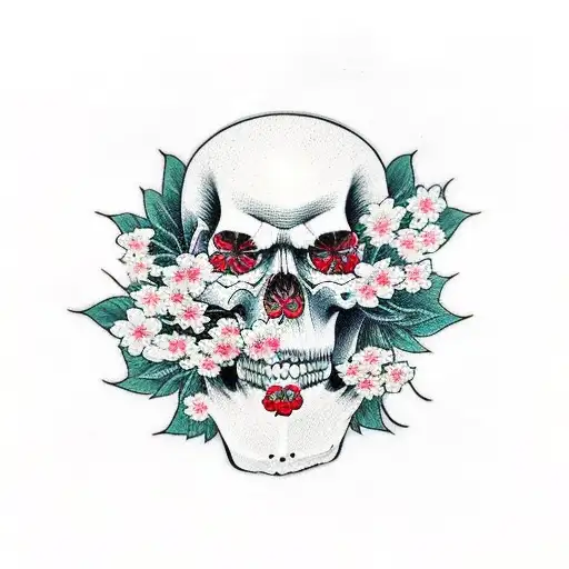 Cherry Blossoms Around Skull In Oni Mask
