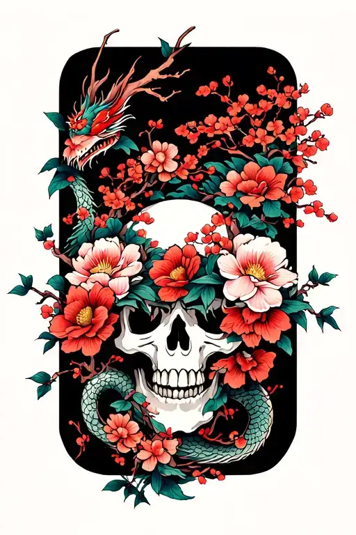 Skulls Surrounded By Flowers In A Desolation Decorations With Cherry Trees From Japan And Dragons
