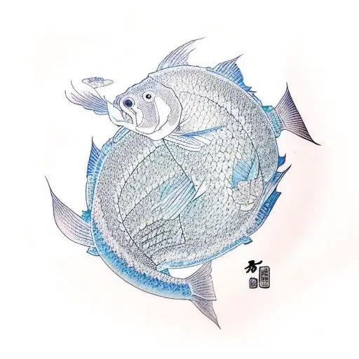 Carp That Swims Against The Flow And Blue Lotus And