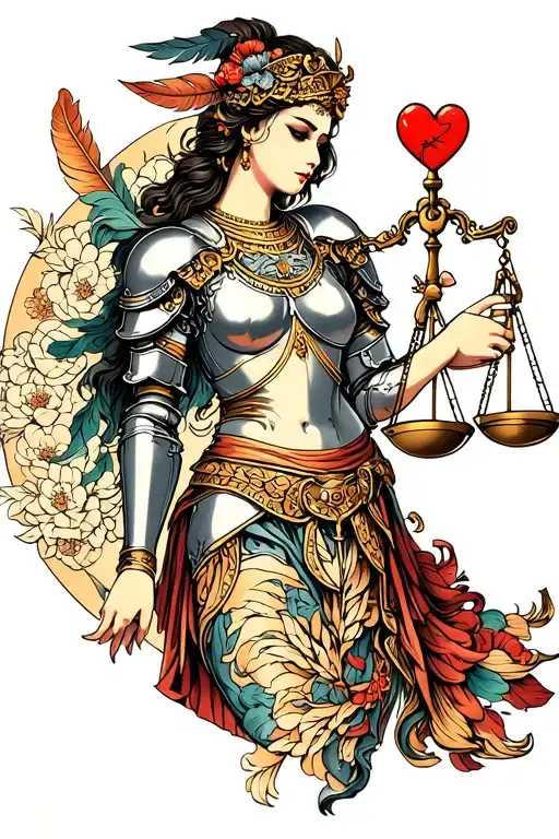 Virgo Themis Armored Holding A Scale With Heart And Feather On The Scale