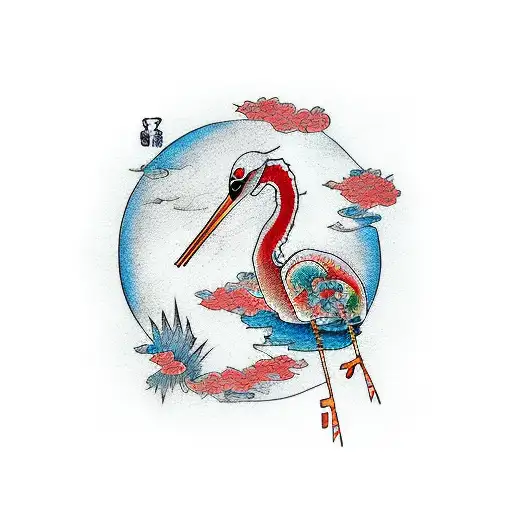 Stork With Frogs And Earth Dragon On A Pond In Sunset