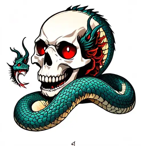 Skull And Snake With Red Eyes White Dragon