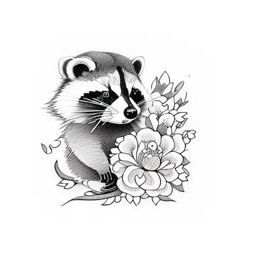 Cute Baby Racoon With Flowers