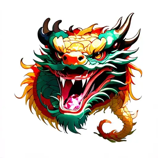Japanese Dragon With A Ruby In The Mouth Surrounded