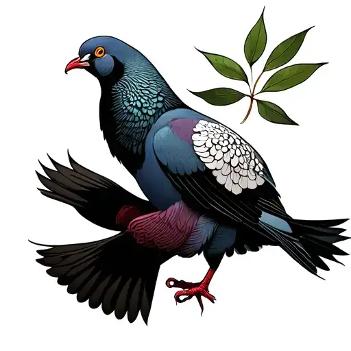 A Pegion Holding An Olive Leaf Mid Flight In Its Legs