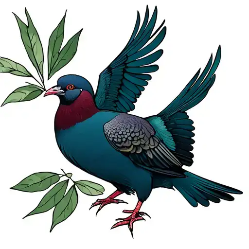 A Pegion Holding An Olive Leaf Mid Flight In Its Legs