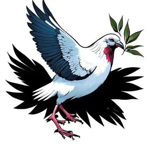 A White Pegion Holding An Olive Leaf Mid Flight In Its Legs