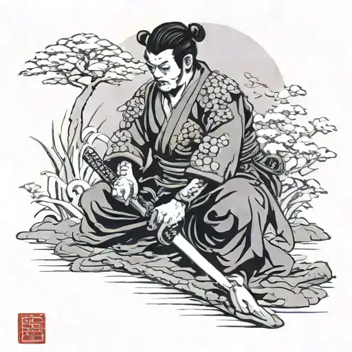 Samurai Kneeling With His Katana Stuck Into The Ground