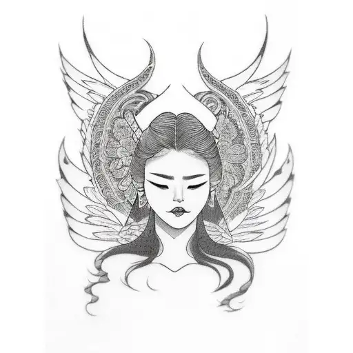 A Femme With Angel Wings In Blackwork Style