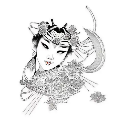 Tattoo Design Black And White Ilustrated Geisha With Japanese Style Background
