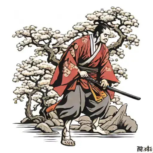 Noble Samurai With Full Size Cherry Tree Behind Him