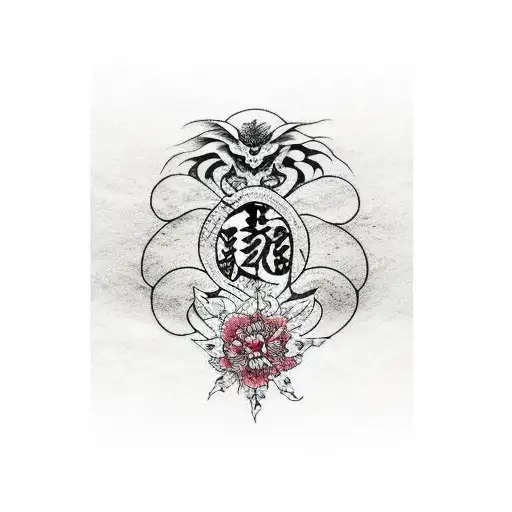 A Mesmerizing Blackwork Tattoo Of The Symbol Of Shingeki No Kyojin Combined With A Delicate Flower