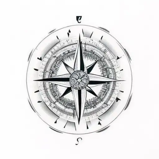 A Black-grey Tattoo Of A Compass Surrounded By Musical Instruments And Nature Elements