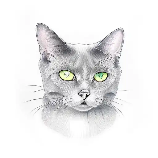 Grey Cat Wide Nose White Chin Green Eyes