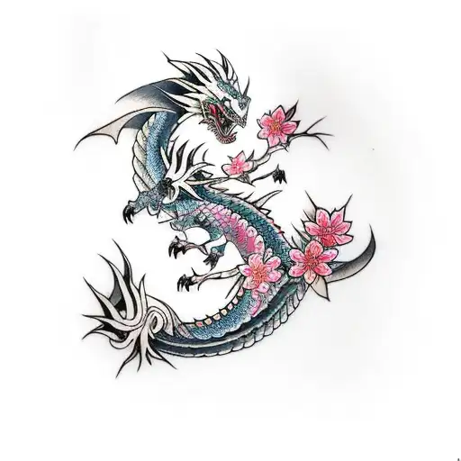 A Fierce Dragon With Cherry Blossom
