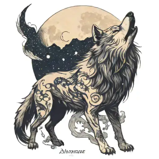 A Wolf Howling At The Moon With Constellations Forming Around It