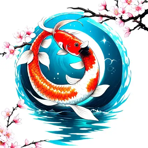 Cherry Blossoms And Koi Fish Swimming Around The Moon