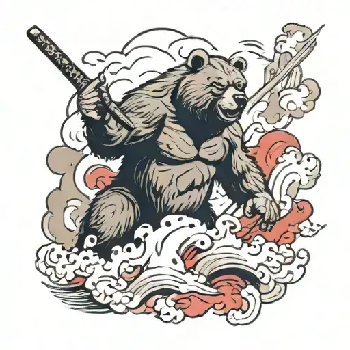 A Standing Angry Fierce Bear Holding A Katana With Red Clouds Surrounding